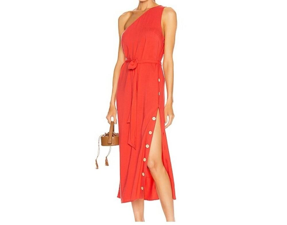 Flagpole NYC Dress Women's XL Red One Shoulder Corsica Side Slit Belted Buttons